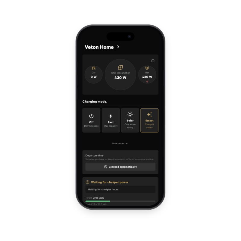 Veton app — Smart mode and charging modes